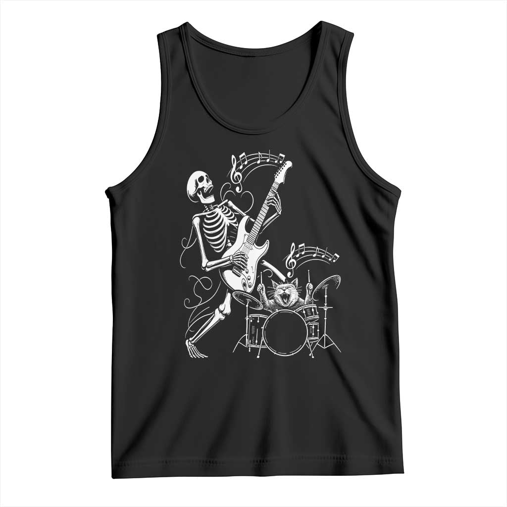 Rock Skeleton Cat Playing Guitar Tank Top Funny Halloween Kitty Music Lovers - Wonder Print Shop