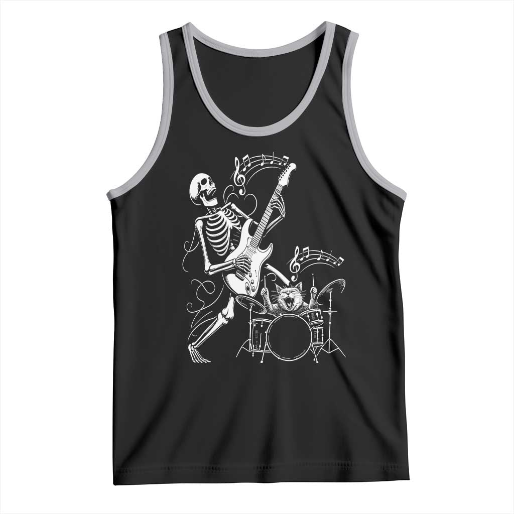 Rock Skeleton Cat Playing Guitar Tank Top Funny Halloween Kitty Music Lovers - Wonder Print Shop