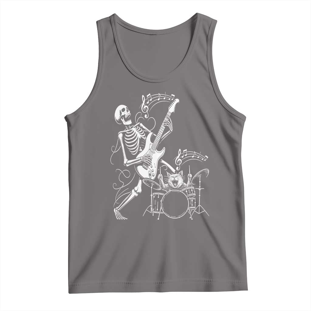 Rock Skeleton Cat Playing Guitar Tank Top Funny Halloween Kitty Music Lovers - Wonder Print Shop