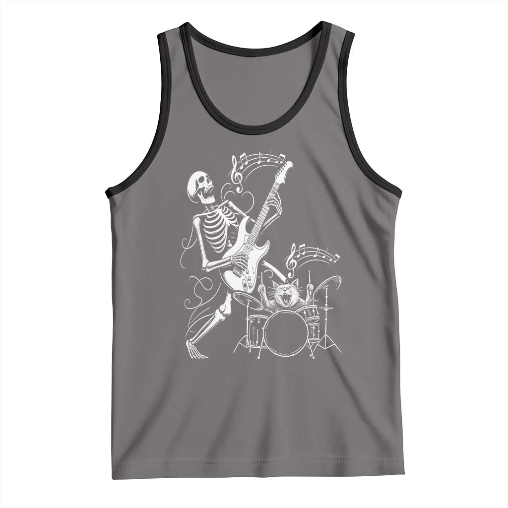 Rock Skeleton Cat Playing Guitar Tank Top Funny Halloween Kitty Music Lovers - Wonder Print Shop