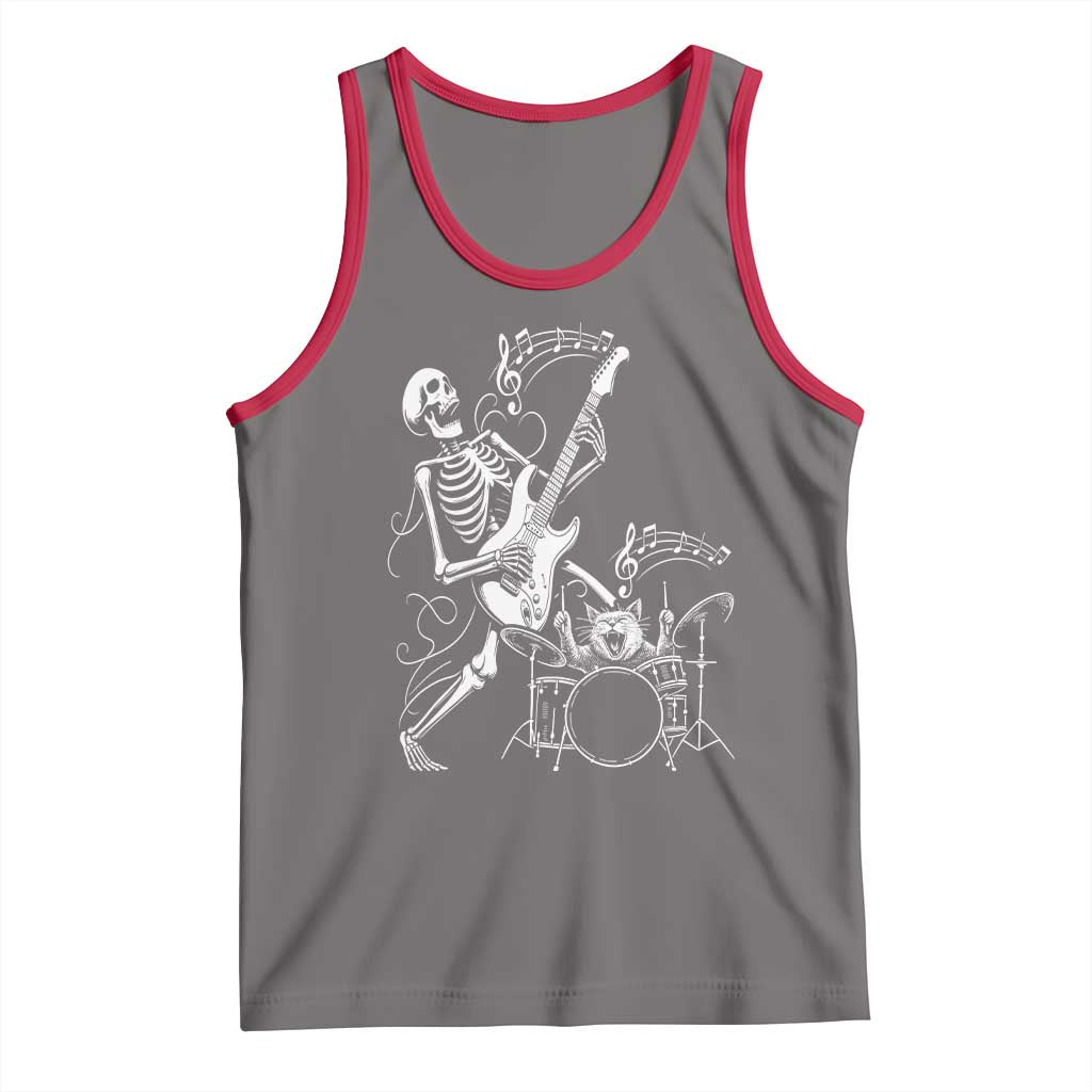 Rock Skeleton Cat Playing Guitar Tank Top Funny Halloween Kitty Music Lovers - Wonder Print Shop