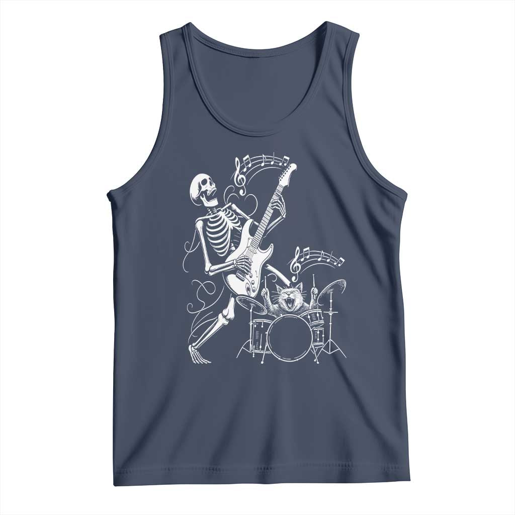 Rock Skeleton Cat Playing Guitar Tank Top Funny Halloween Kitty Music Lovers - Wonder Print Shop