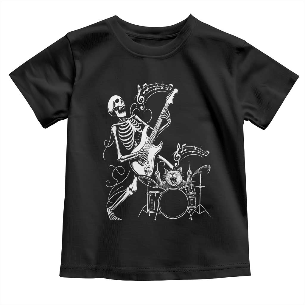 Rock Skeleton Cat Playing Guitar Toddler T Shirt Funny Halloween Kitty Music Lovers - Wonder Print Shop