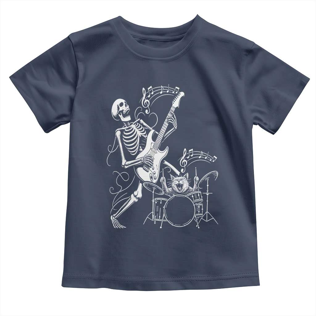 Rock Skeleton Cat Playing Guitar Toddler T Shirt Funny Halloween Kitty Music Lovers - Wonder Print Shop