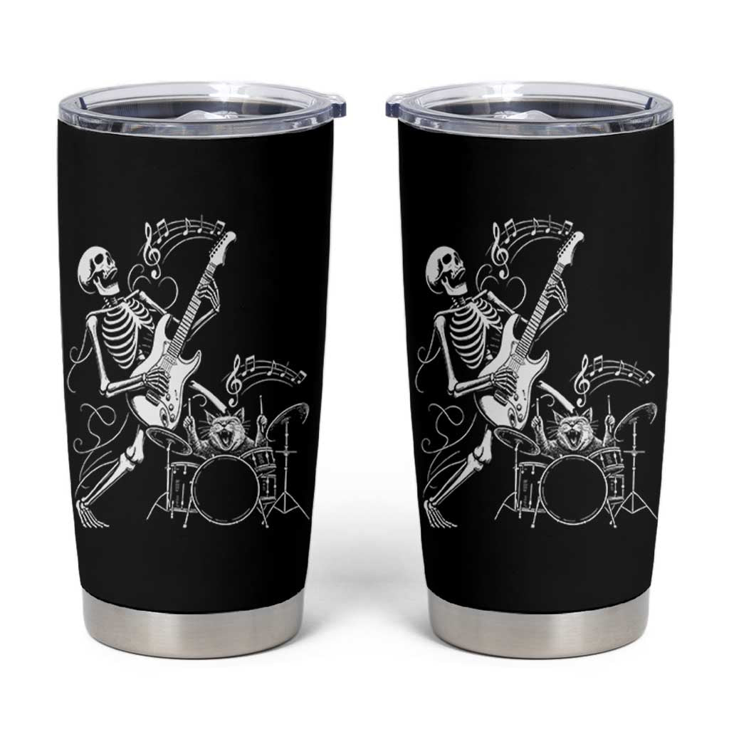 Rock Skeleton Cat Playing Guitar Tumbler Cup Funny Halloween Kitty Music Lovers