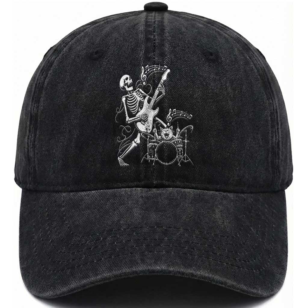 Rock Skeleton Cat Playing Guitar Washed Cotton Baseball Cap Funny Halloween Kitty Music Lovers