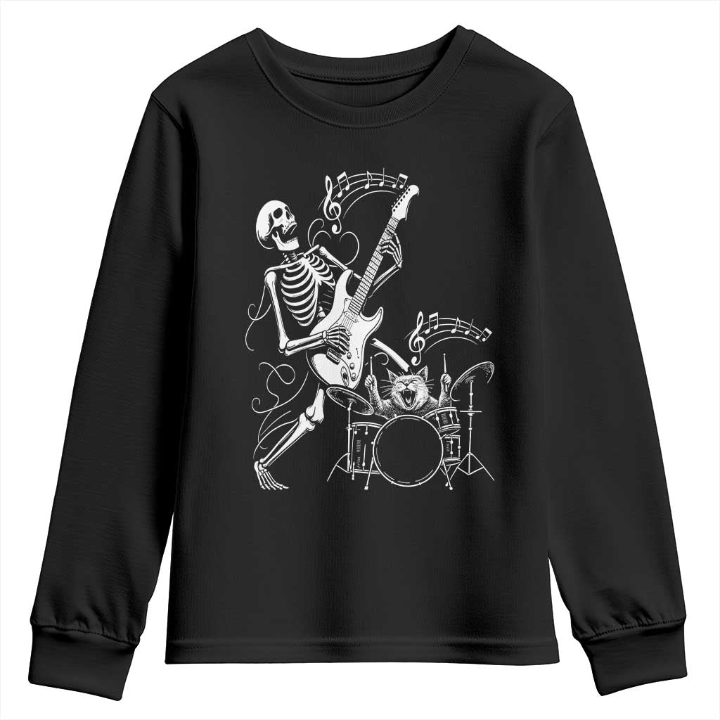 Rock Skeleton Cat Playing Guitar Youth Sweatshirt Funny Halloween Kitty Music Lovers - Wonder Print Shop