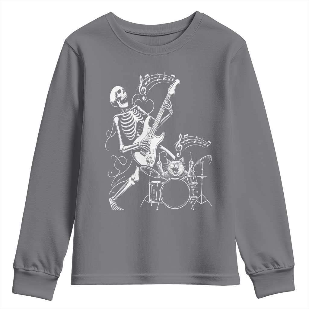 Rock Skeleton Cat Playing Guitar Youth Sweatshirt Funny Halloween Kitty Music Lovers - Wonder Print Shop