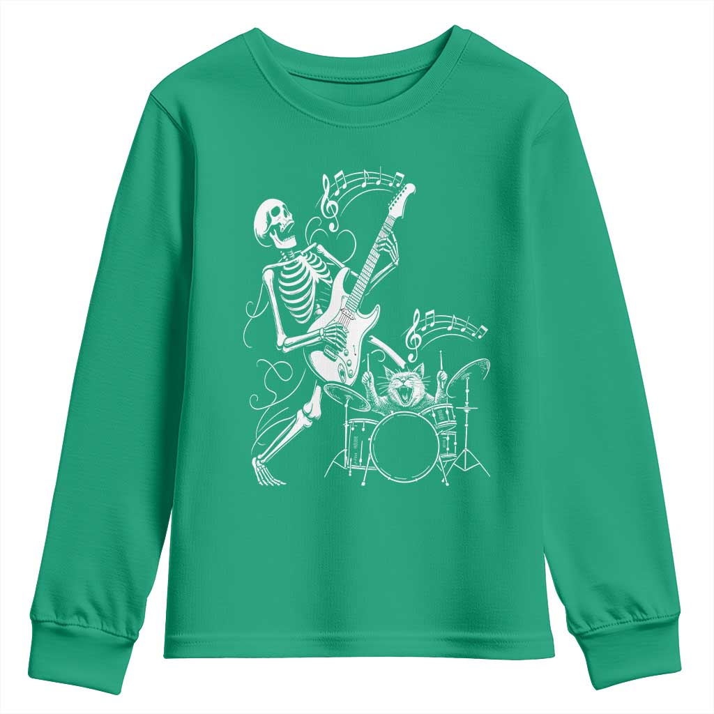 Rock Skeleton Cat Playing Guitar Youth Sweatshirt Funny Halloween Kitty Music Lovers - Wonder Print Shop