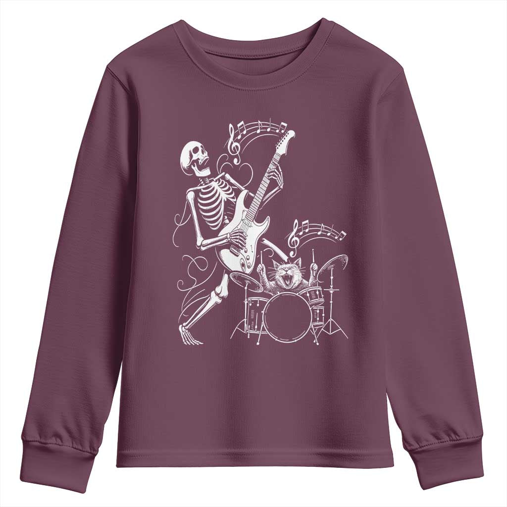 Rock Skeleton Cat Playing Guitar Youth Sweatshirt Funny Halloween Kitty Music Lovers - Wonder Print Shop