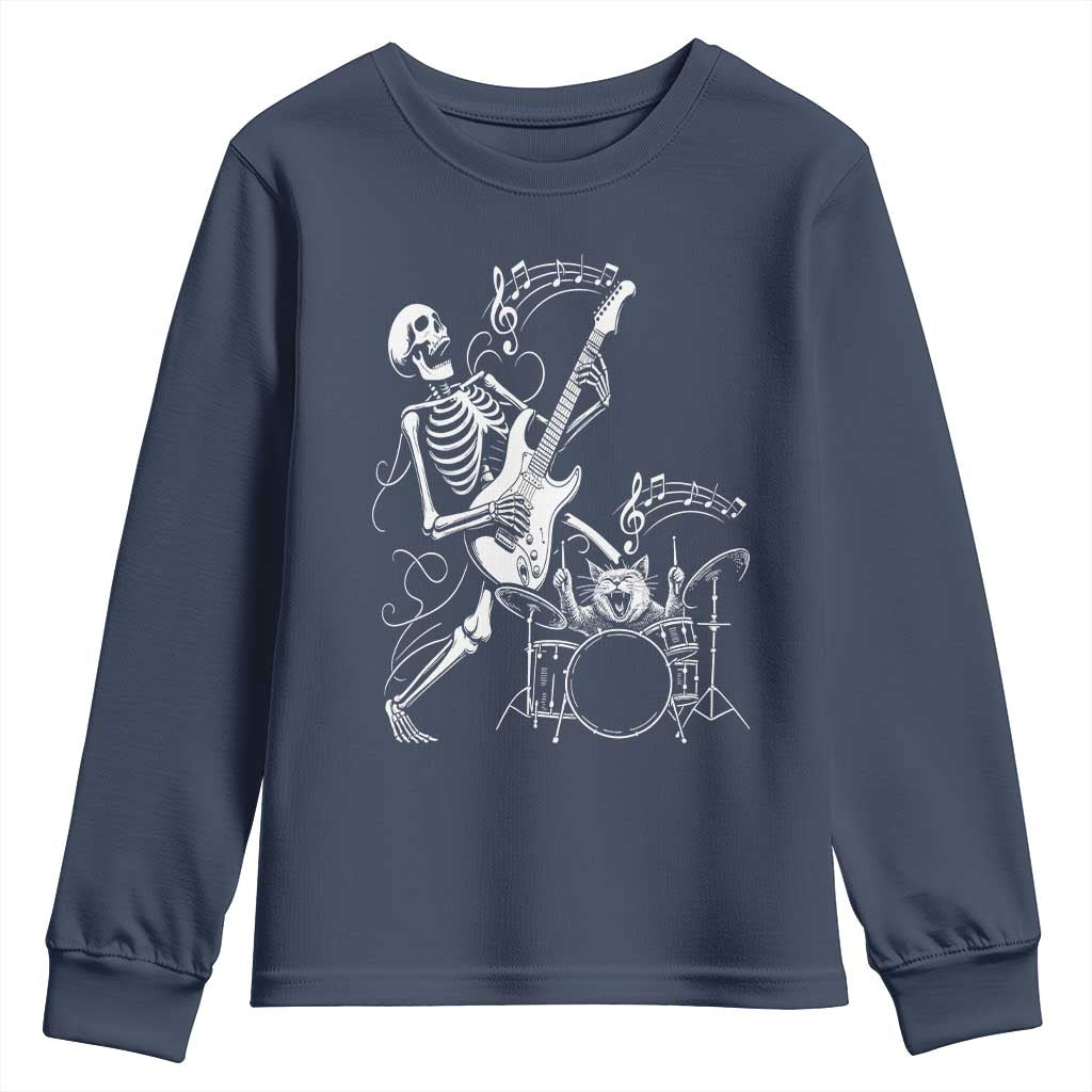Rock Skeleton Cat Playing Guitar Youth Sweatshirt Funny Halloween Kitty Music Lovers - Wonder Print Shop