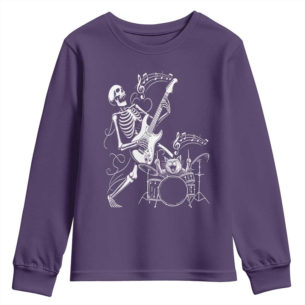 Rock Skeleton Cat Playing Guitar Youth Sweatshirt Funny Halloween Kitty Music Lovers - Wonder Print Shop