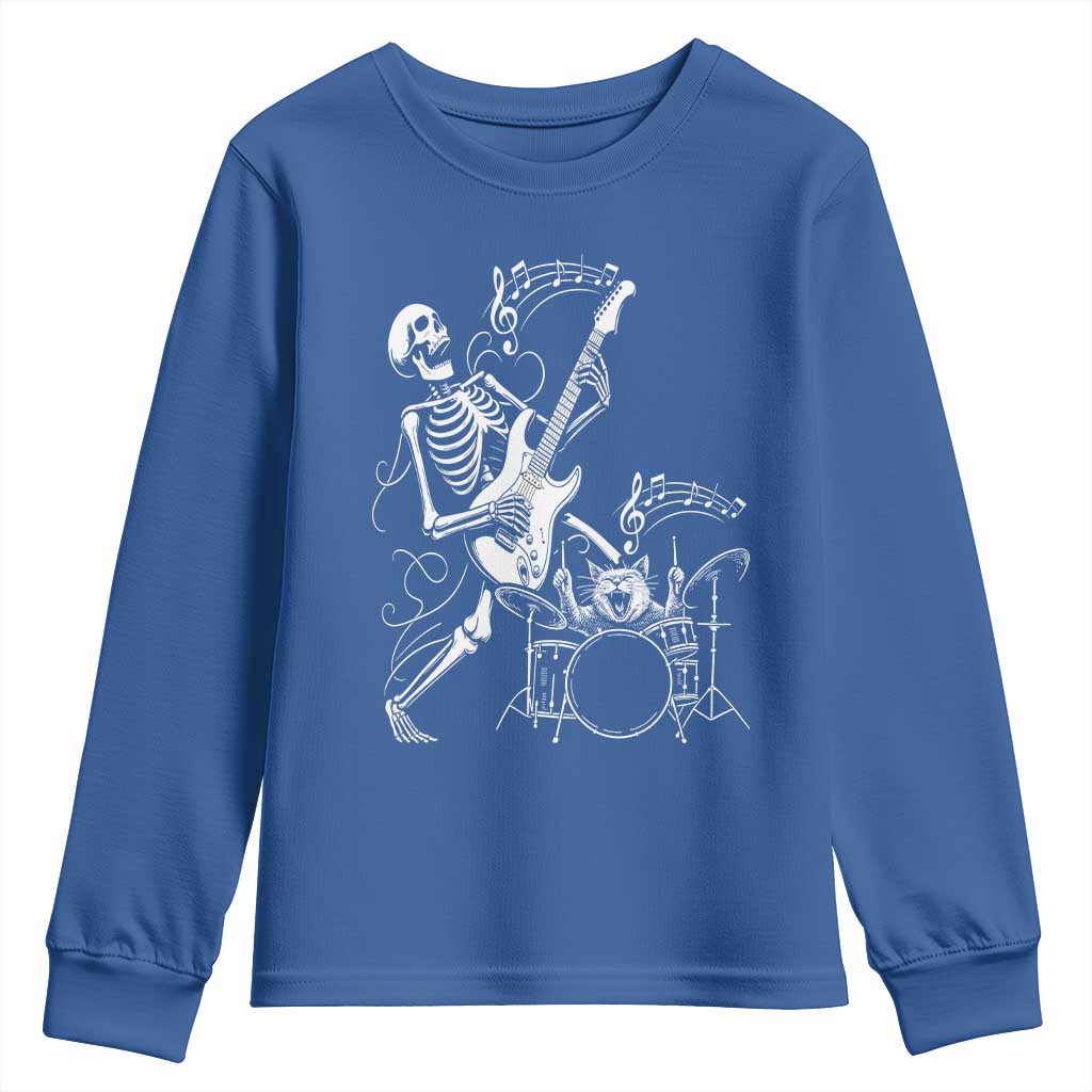 Rock Skeleton Cat Playing Guitar Youth Sweatshirt Funny Halloween Kitty Music Lovers - Wonder Print Shop