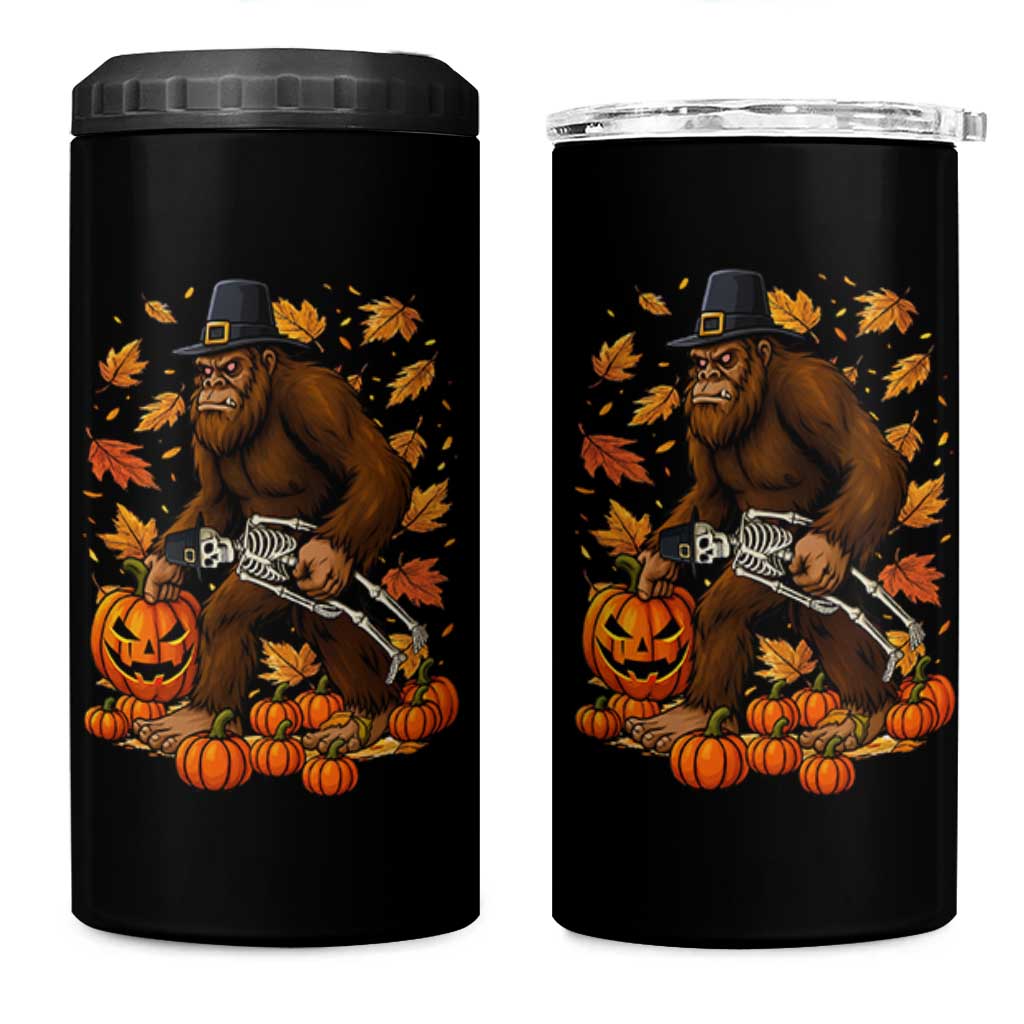 Funny Bigfoot Skeleton 4 in 1 Can Cooler Tumbler Thanksgiving Day Sasquatch Pilgrim