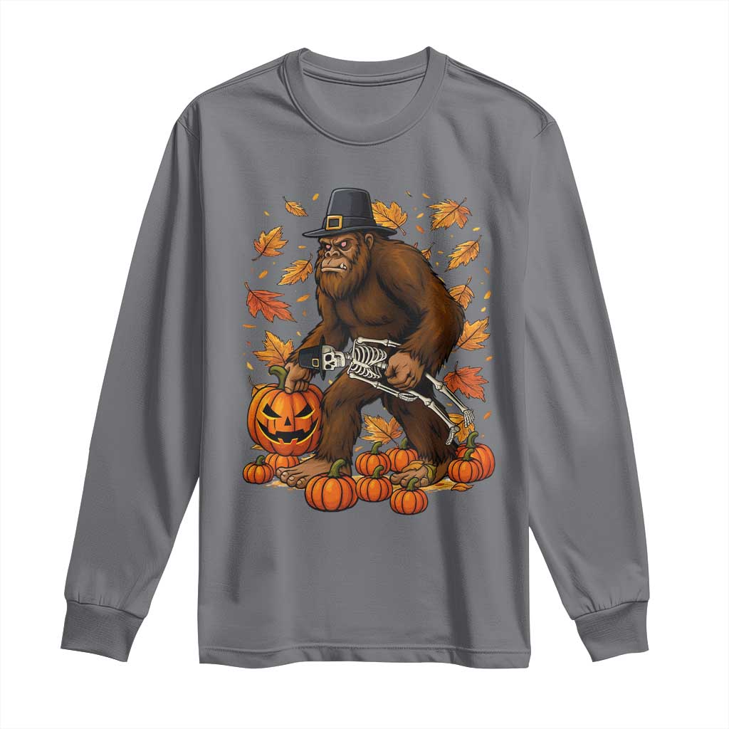 Funny Bigfoot Skeleton Long Sleeve Shirt Thanksgiving Day Sasquatch Pilgrim - Wonder Print Shop