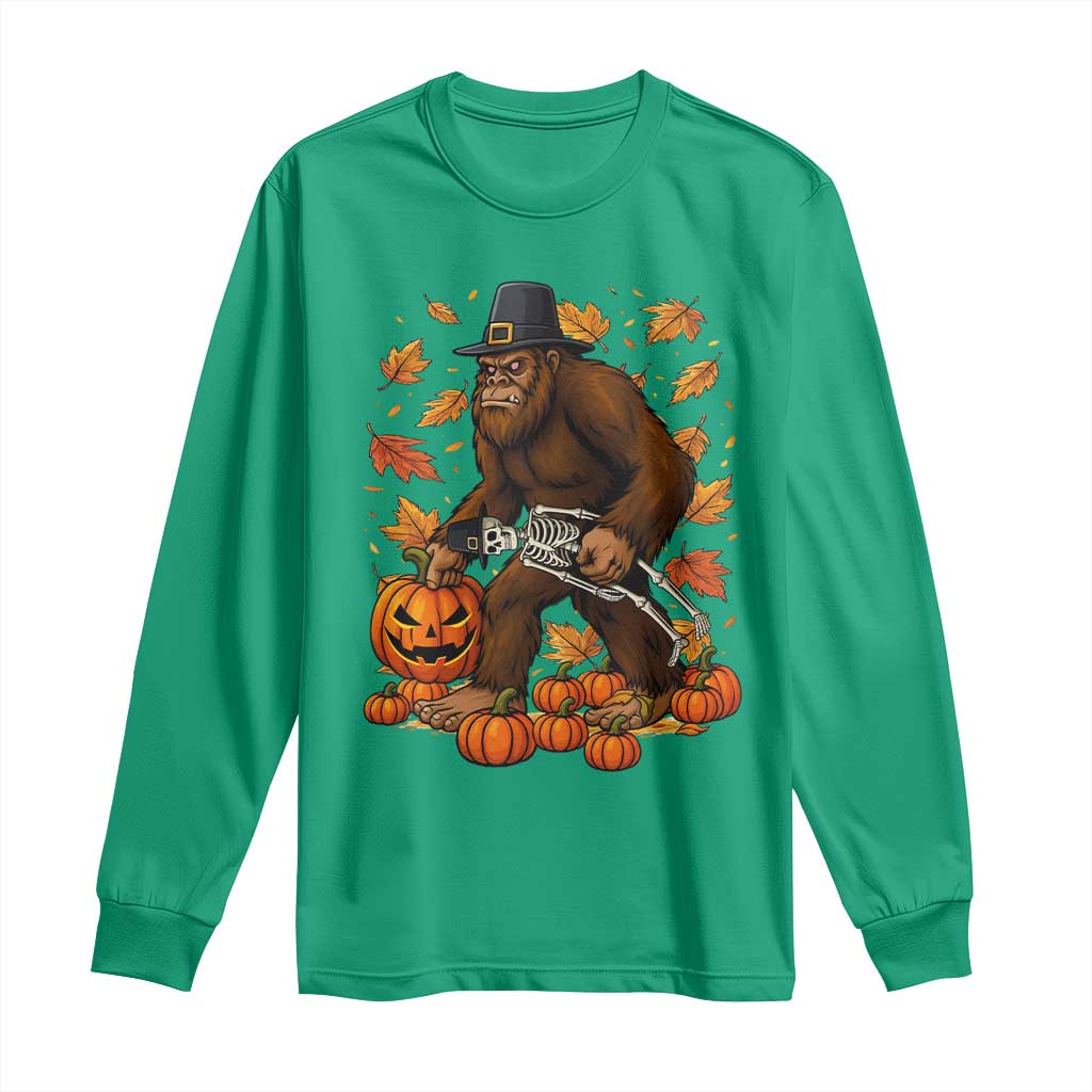 Funny Bigfoot Skeleton Long Sleeve Shirt Thanksgiving Day Sasquatch Pilgrim - Wonder Print Shop
