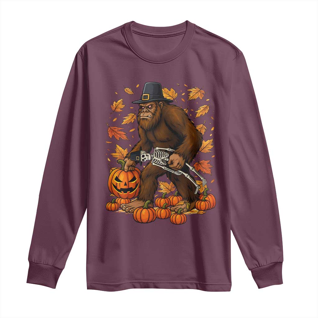 Funny Bigfoot Skeleton Long Sleeve Shirt Thanksgiving Day Sasquatch Pilgrim - Wonder Print Shop