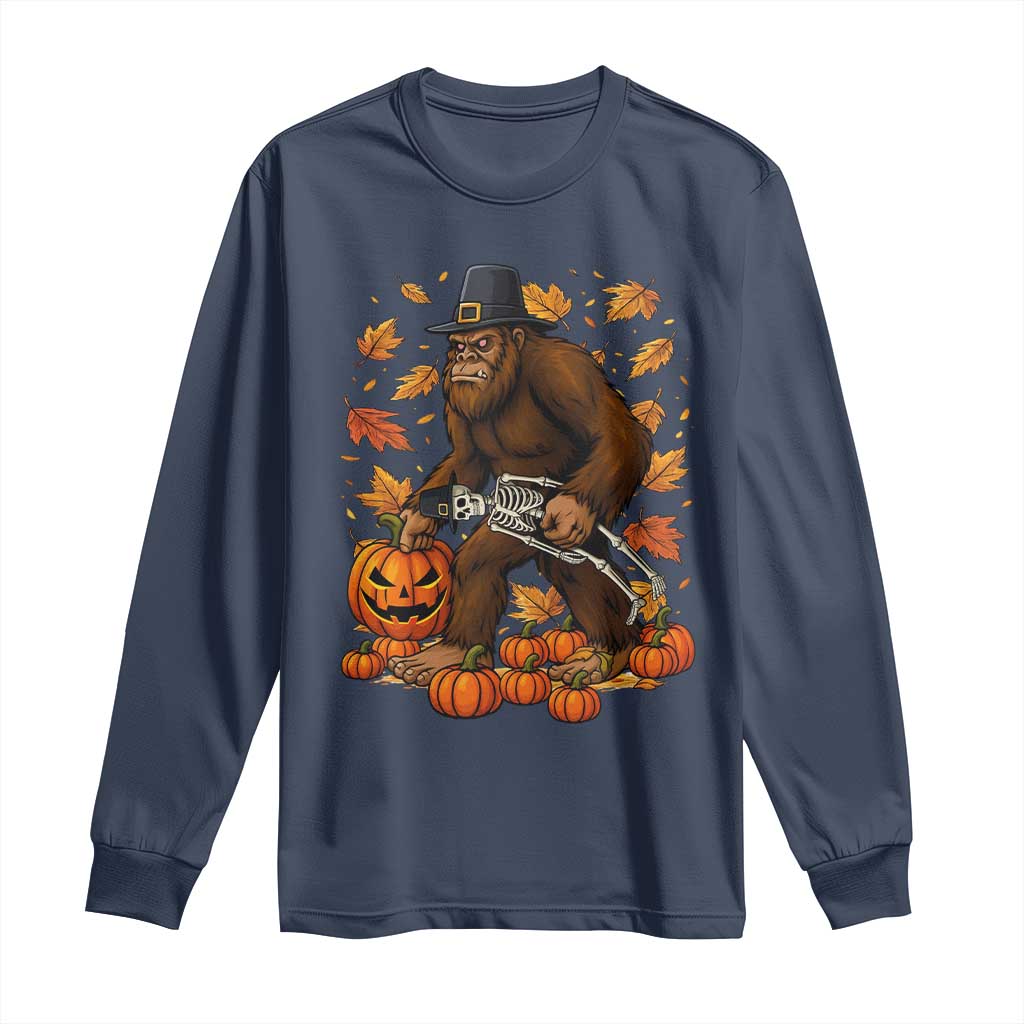 Funny Bigfoot Skeleton Long Sleeve Shirt Thanksgiving Day Sasquatch Pilgrim - Wonder Print Shop