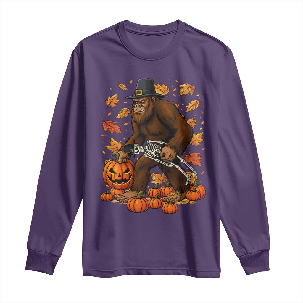 Funny Bigfoot Skeleton Long Sleeve Shirt Thanksgiving Day Sasquatch Pilgrim - Wonder Print Shop