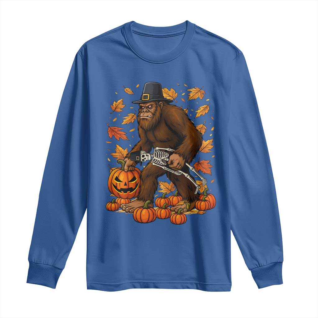 Funny Bigfoot Skeleton Long Sleeve Shirt Thanksgiving Day Sasquatch Pilgrim - Wonder Print Shop