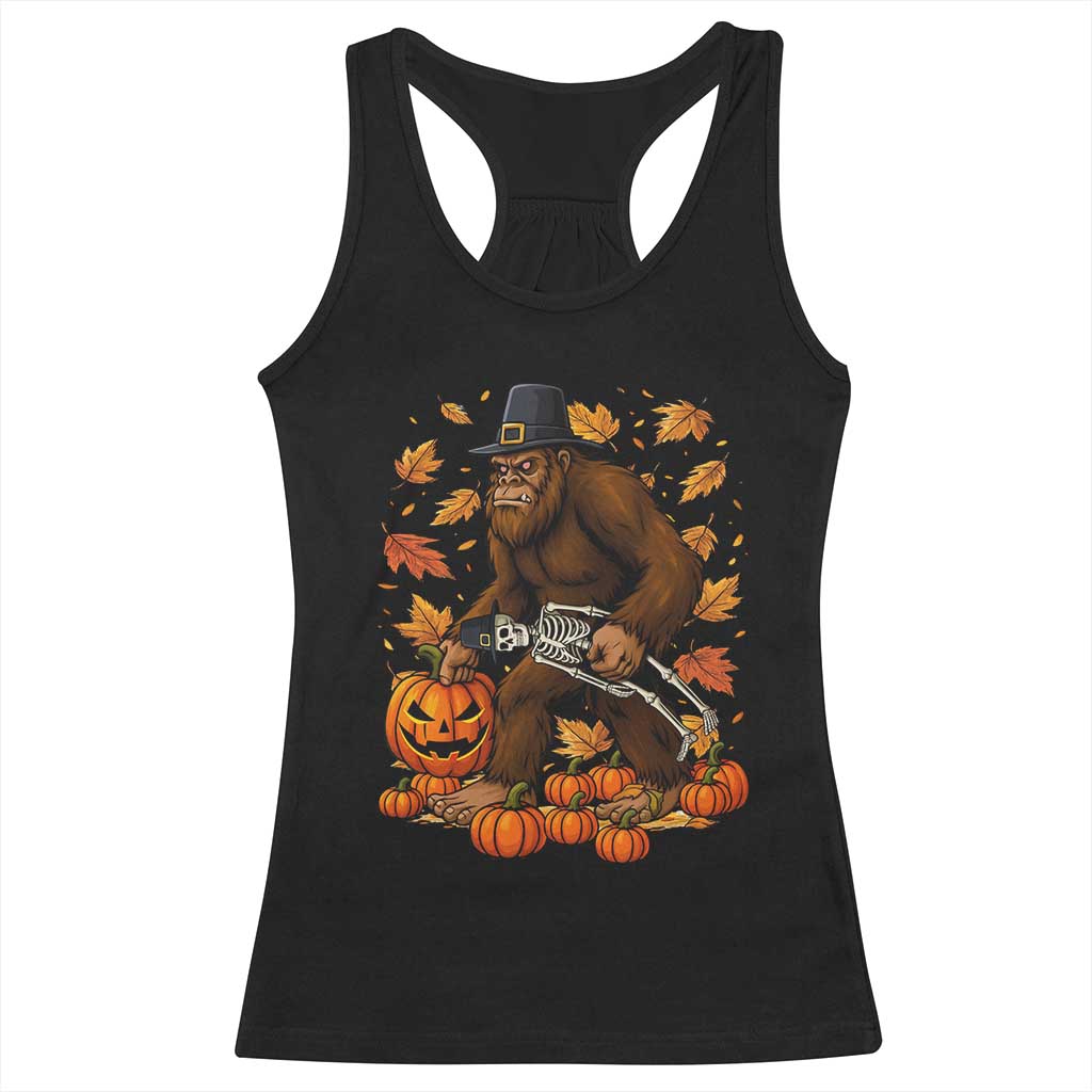 Funny Bigfoot Skeleton Racerback Tank Top Thanksgiving Day Sasquatch Pilgrim - Wonder Print Shop