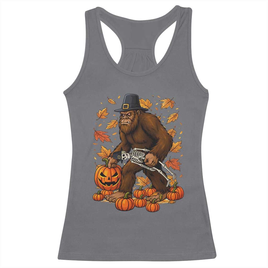 Funny Bigfoot Skeleton Racerback Tank Top Thanksgiving Day Sasquatch Pilgrim - Wonder Print Shop