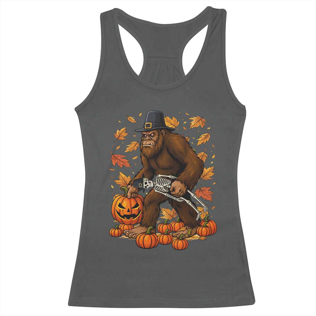 Funny Bigfoot Skeleton Racerback Tank Top Thanksgiving Day Sasquatch Pilgrim - Wonder Print Shop