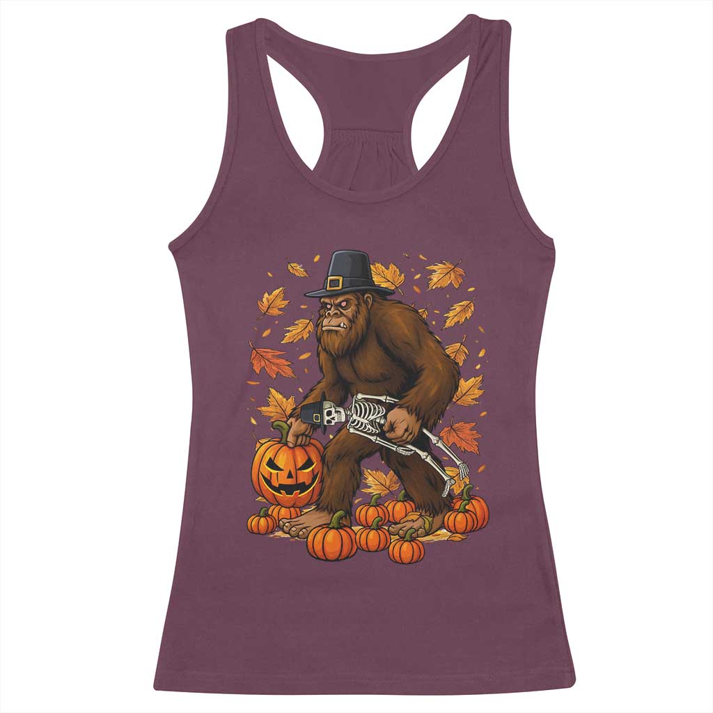 Funny Bigfoot Skeleton Racerback Tank Top Thanksgiving Day Sasquatch Pilgrim - Wonder Print Shop