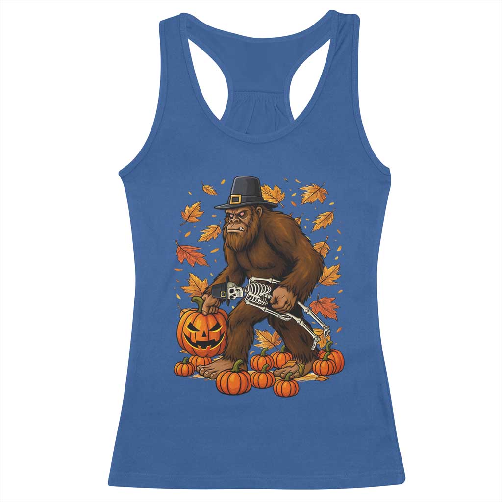 Funny Bigfoot Skeleton Racerback Tank Top Thanksgiving Day Sasquatch Pilgrim - Wonder Print Shop
