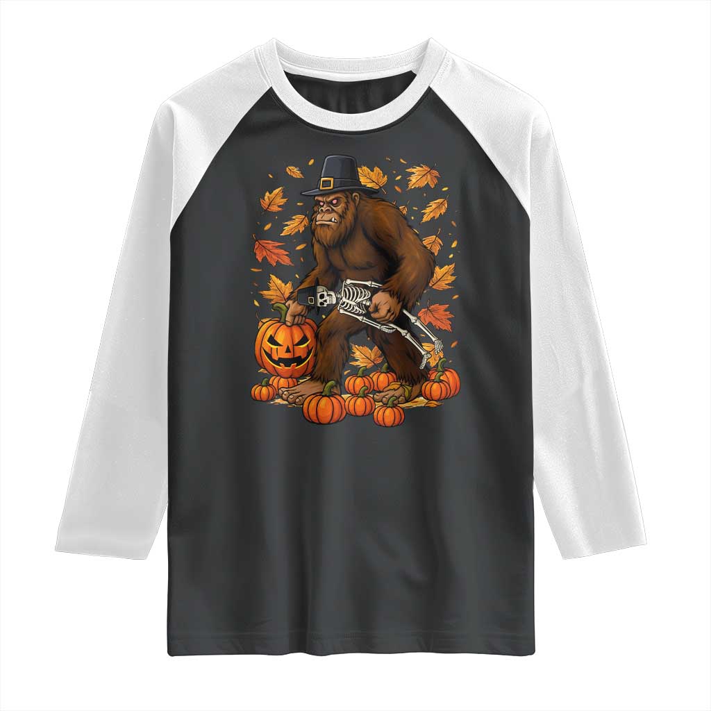 Funny Bigfoot Skeleton Raglan Shirt Thanksgiving Day Sasquatch Pilgrim - Wonder Print Shop