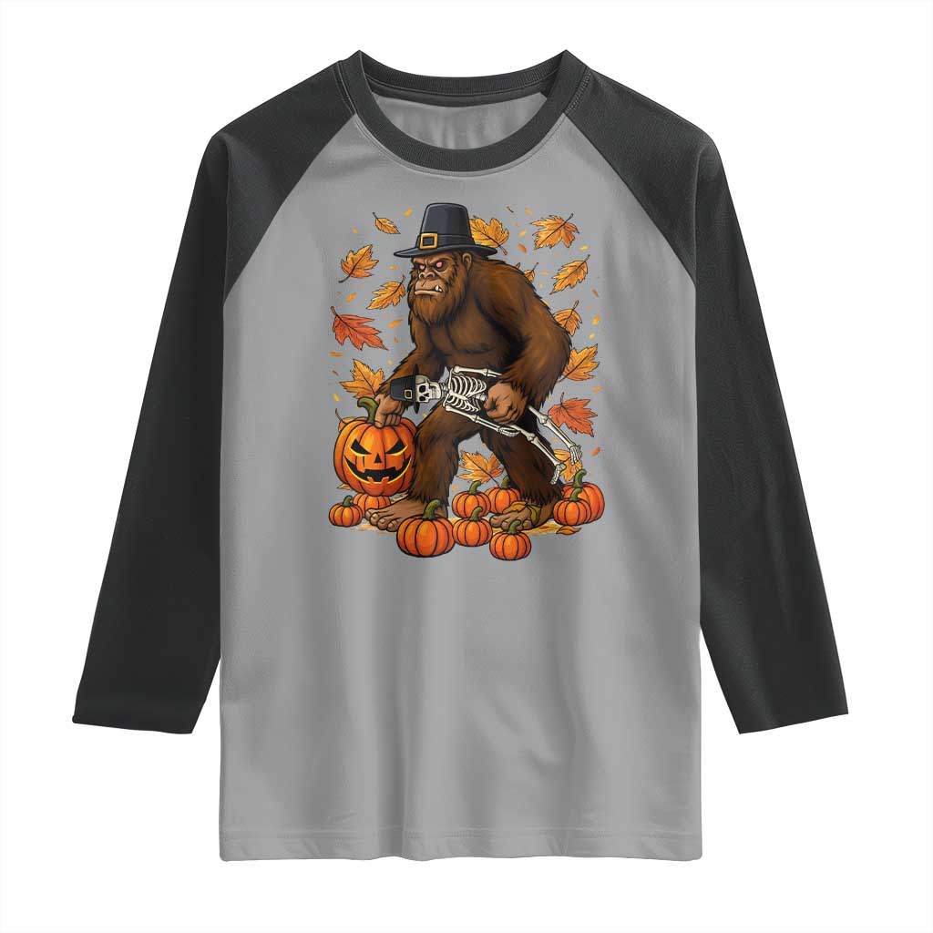Funny Bigfoot Skeleton Raglan Shirt Thanksgiving Day Sasquatch Pilgrim - Wonder Print Shop
