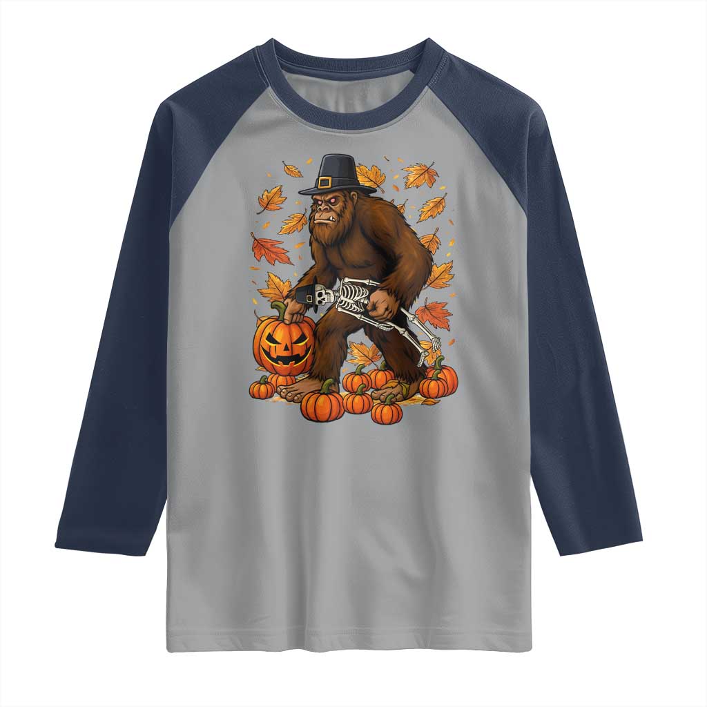 Funny Bigfoot Skeleton Raglan Shirt Thanksgiving Day Sasquatch Pilgrim - Wonder Print Shop