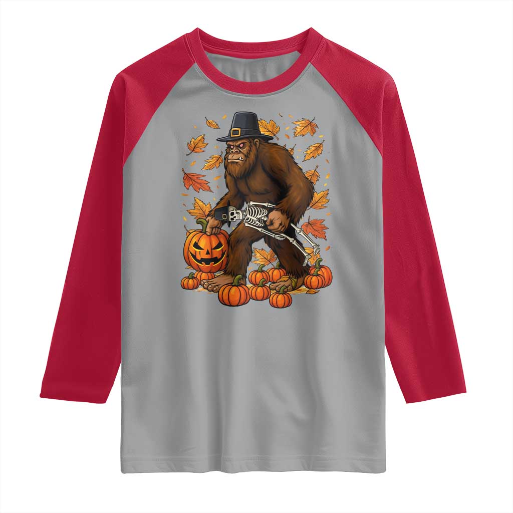 Funny Bigfoot Skeleton Raglan Shirt Thanksgiving Day Sasquatch Pilgrim - Wonder Print Shop