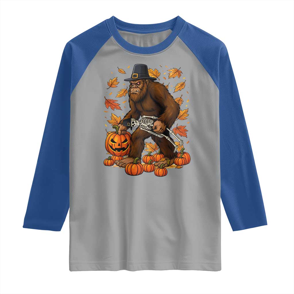 Funny Bigfoot Skeleton Raglan Shirt Thanksgiving Day Sasquatch Pilgrim - Wonder Print Shop