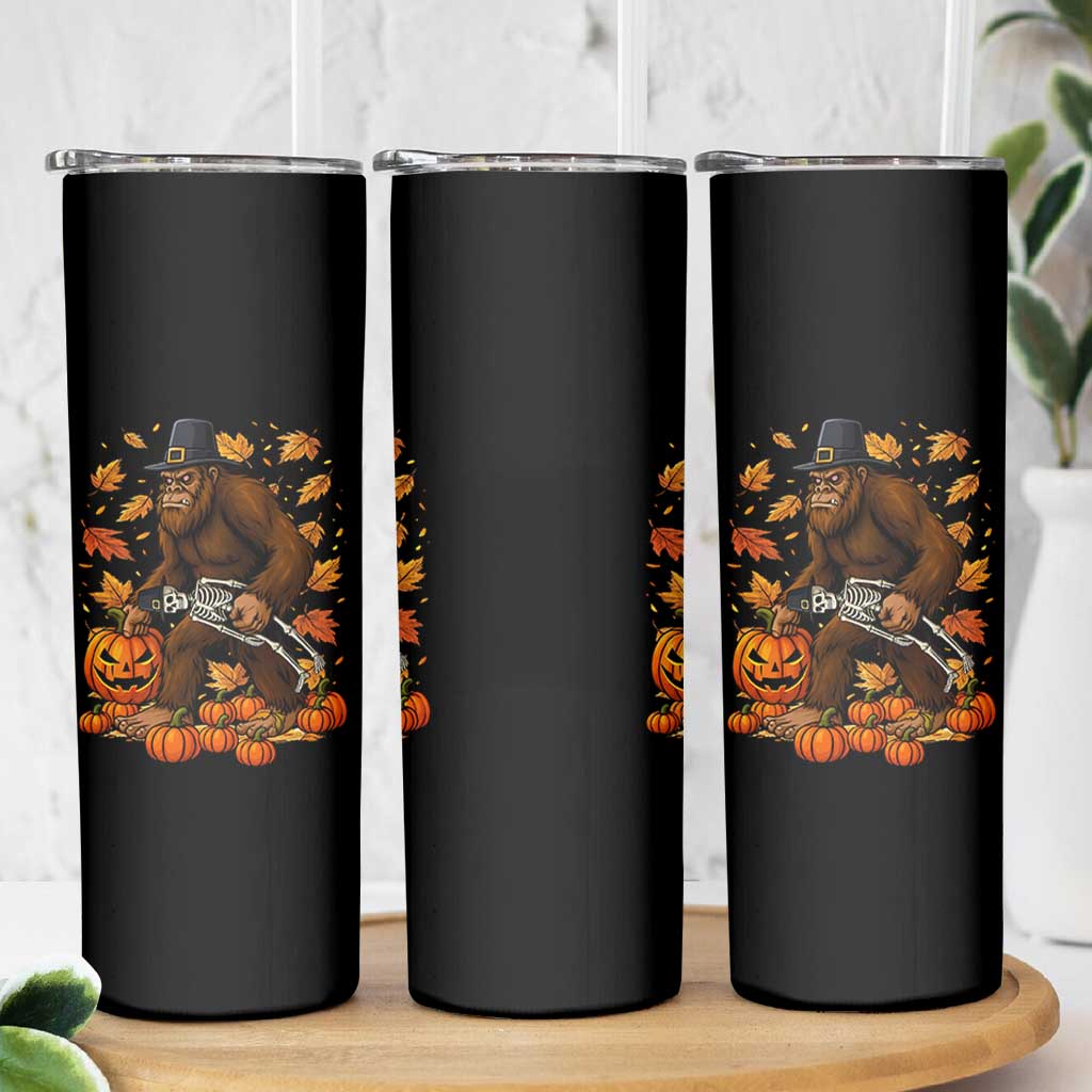 Funny Bigfoot Skeleton Skinny Tumbler Thanksgiving Day Sasquatch Pilgrim