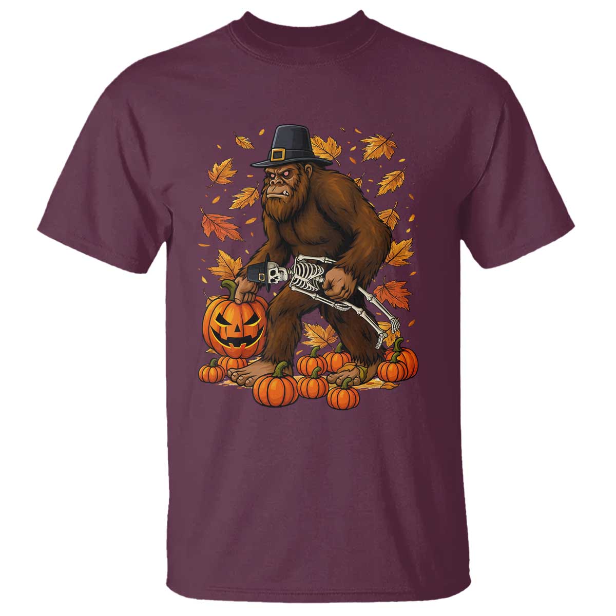 Funny Bigfoot Skeleton T Shirt Thanksgiving Day Sasquatch Pilgrim - Wonder Print Shop