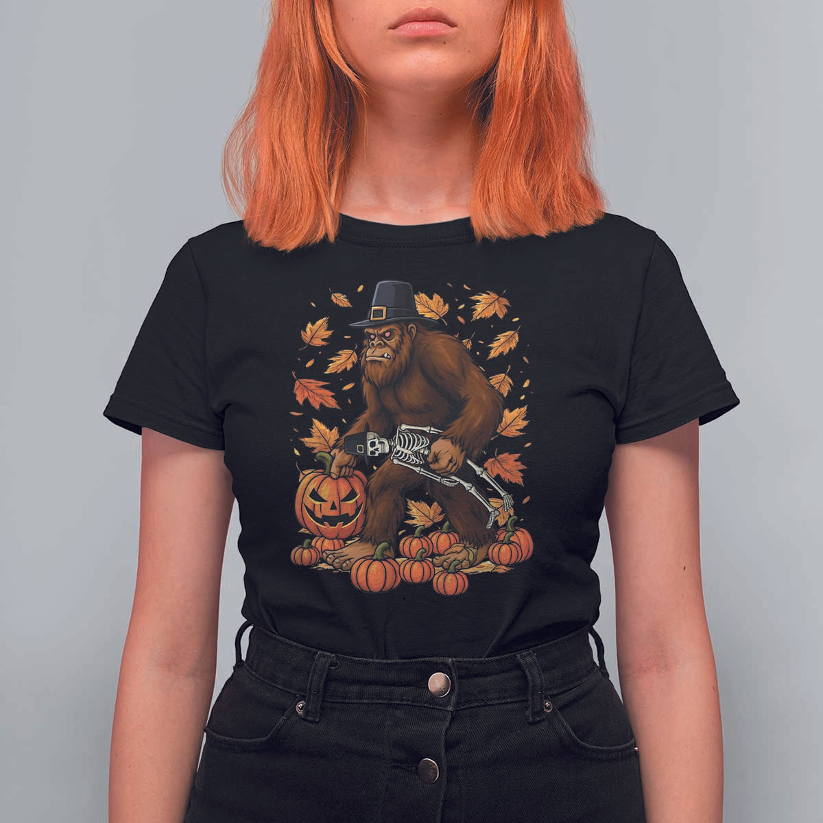 Funny Bigfoot Skeleton T Shirt For Women Thanksgiving Day Sasquatch Pilgrim - Wonder Print Shop