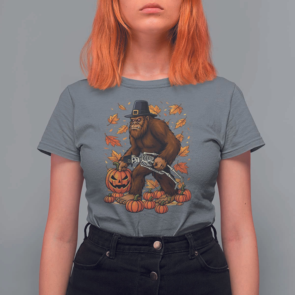 Funny Bigfoot Skeleton T Shirt For Women Thanksgiving Day Sasquatch Pilgrim - Wonder Print Shop