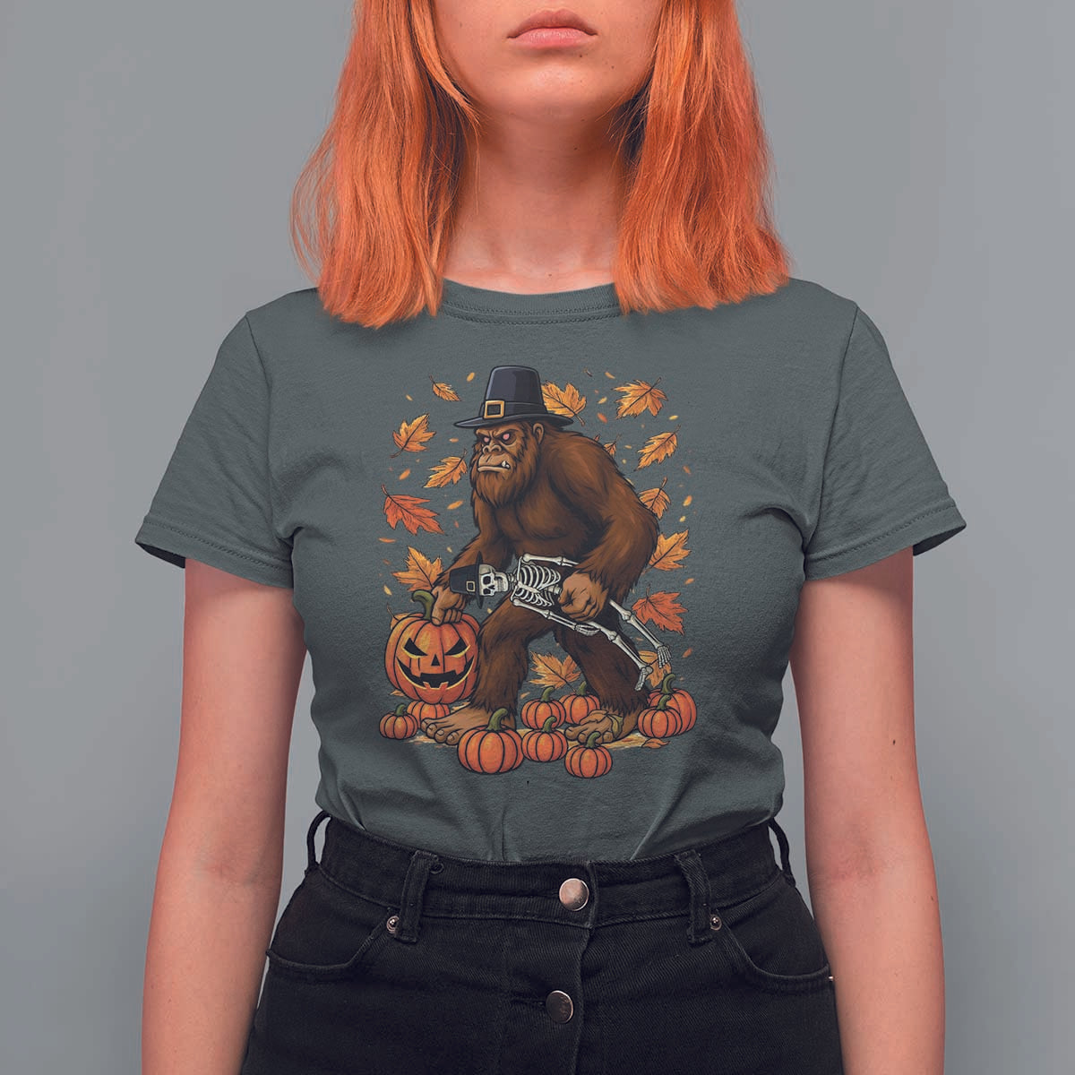 Funny Bigfoot Skeleton T Shirt For Women Thanksgiving Day Sasquatch Pilgrim - Wonder Print Shop