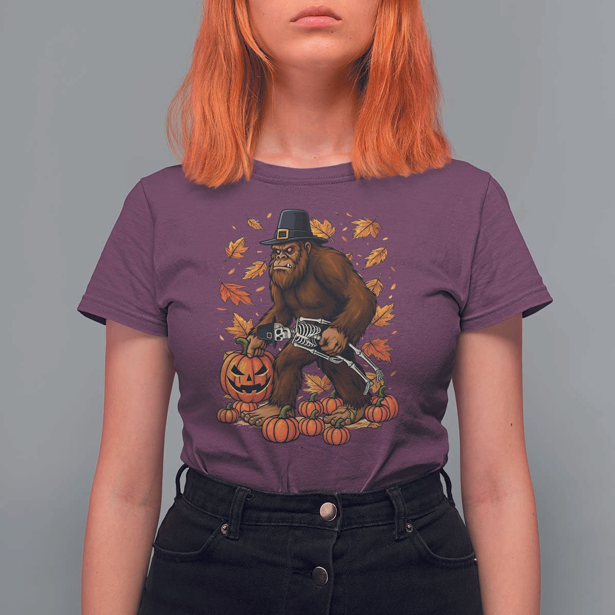 Funny Bigfoot Skeleton T Shirt For Women Thanksgiving Day Sasquatch Pilgrim - Wonder Print Shop