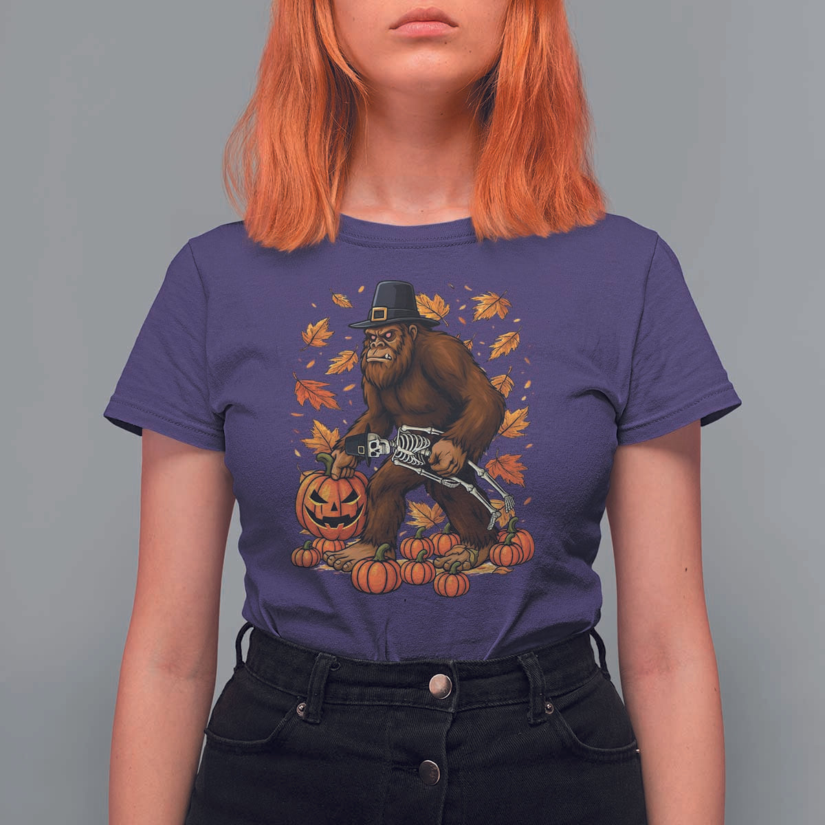 Funny Bigfoot Skeleton T Shirt For Women Thanksgiving Day Sasquatch Pilgrim - Wonder Print Shop