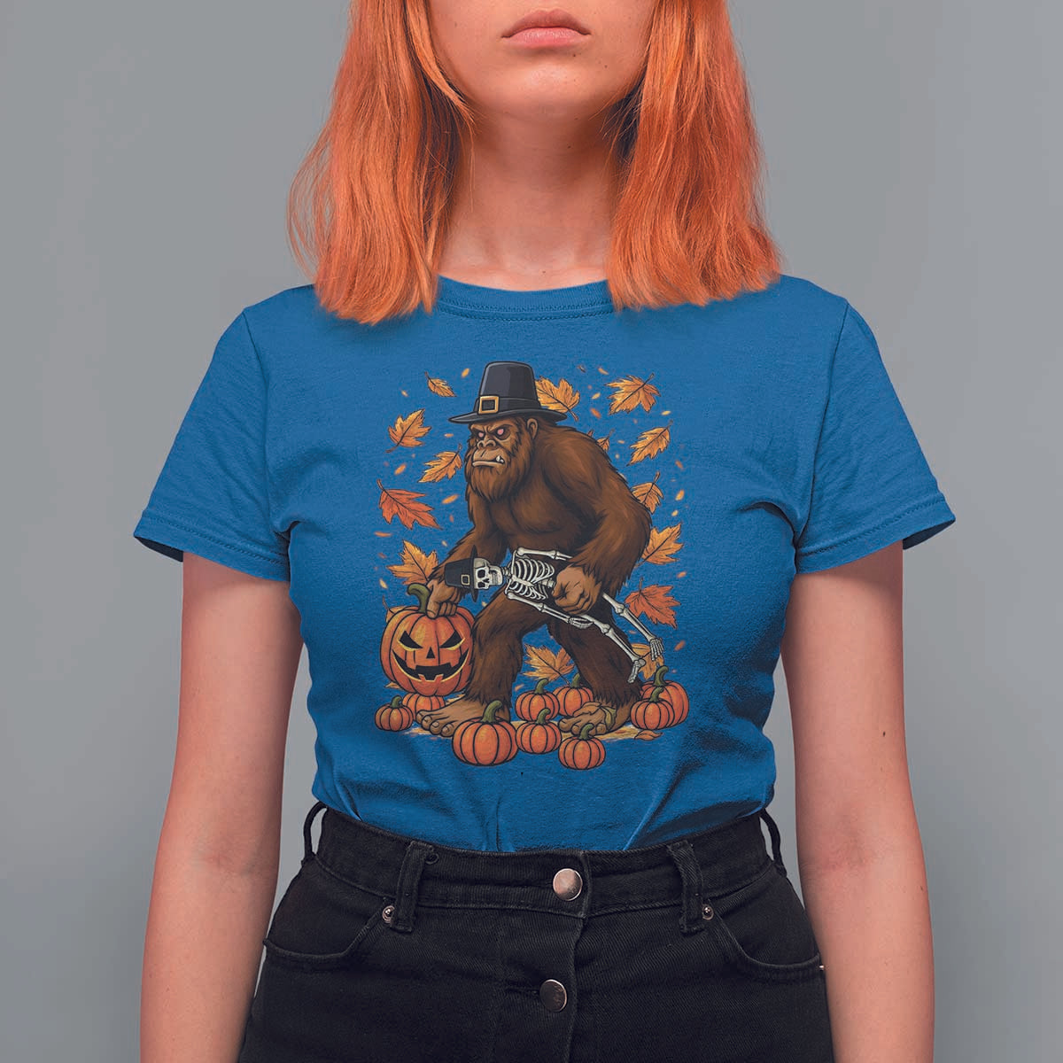Funny Bigfoot Skeleton T Shirt For Women Thanksgiving Day Sasquatch Pilgrim - Wonder Print Shop