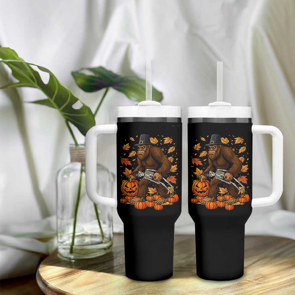 Funny Bigfoot Skeleton Tumbler With Handle Thanksgiving Day Sasquatch Pilgrim
