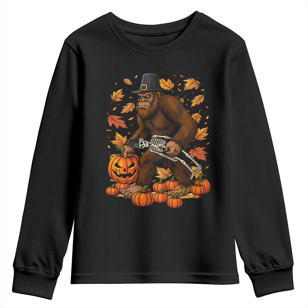 Funny Bigfoot Skeleton Youth Sweatshirt Thanksgiving Day Sasquatch Pilgrim - Wonder Print Shop