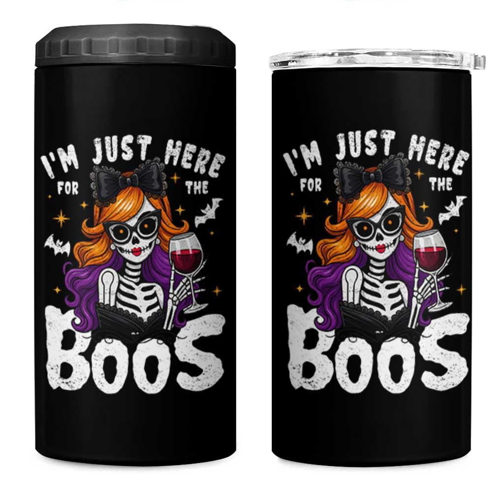 Funny Skull Halloween 4 in 1 Can Cooler Tumbler I Am Just Here For The Boos Skeleton Party Girl