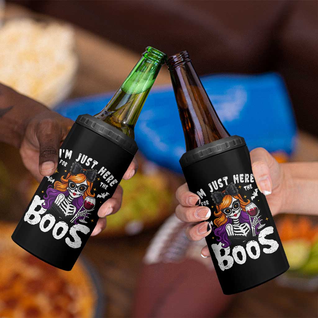 Funny Skull Halloween 4 in 1 Can Cooler Tumbler I Am Just Here For The Boos Skeleton Party Girl