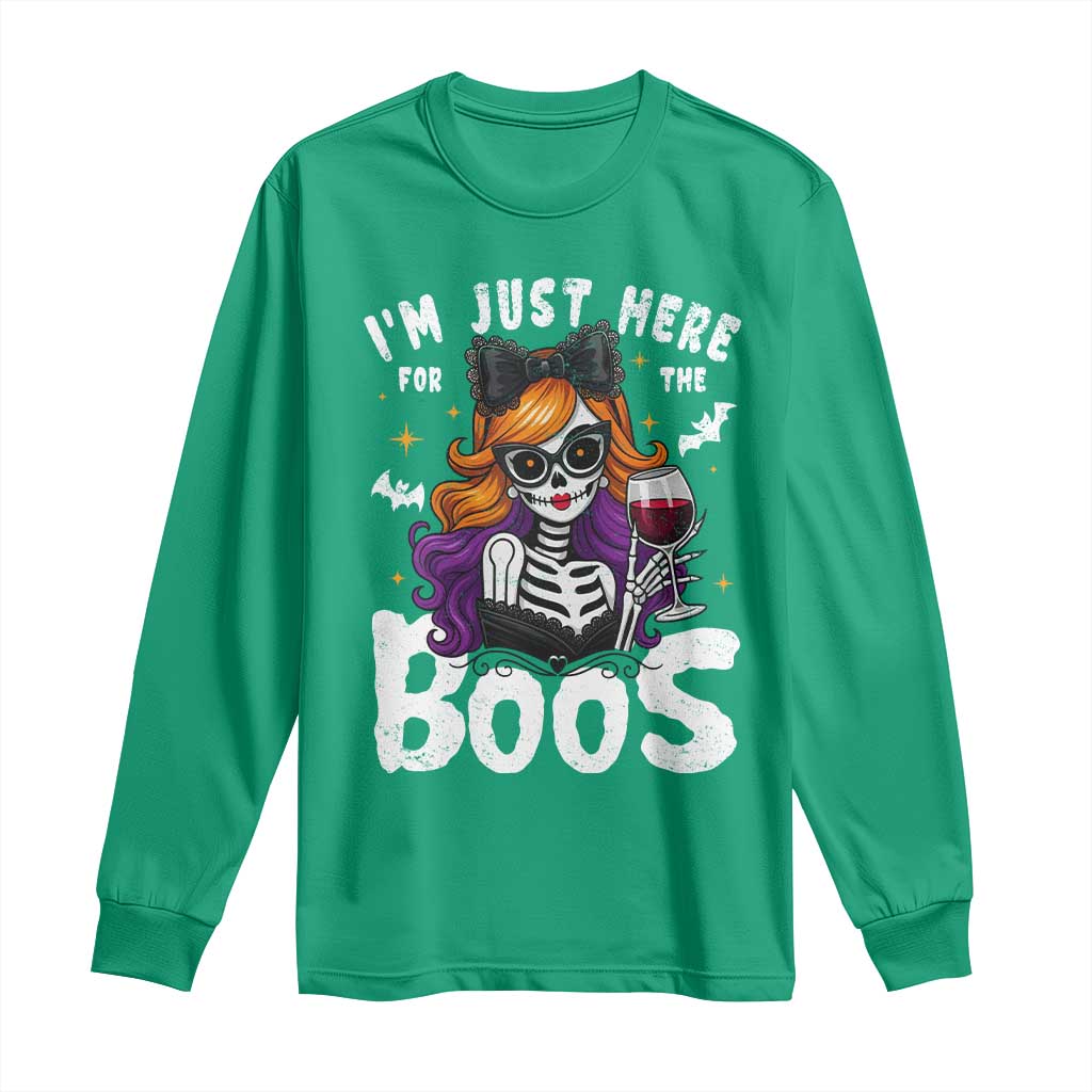 Funny Skull Halloween Long Sleeve Shirt I Am Just Here For The Boos Skeleton Party Girl - Wonder Print Shop