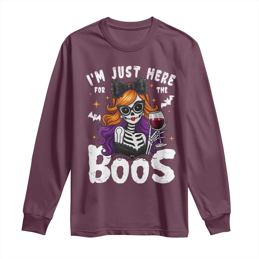 Funny Skull Halloween Long Sleeve Shirt I Am Just Here For The Boos Skeleton Party Girl - Wonder Print Shop