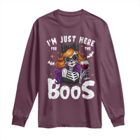 Funny Skull Halloween Long Sleeve Shirt I Am Just Here For The Boos Skeleton Party Girl - Wonder Print Shop