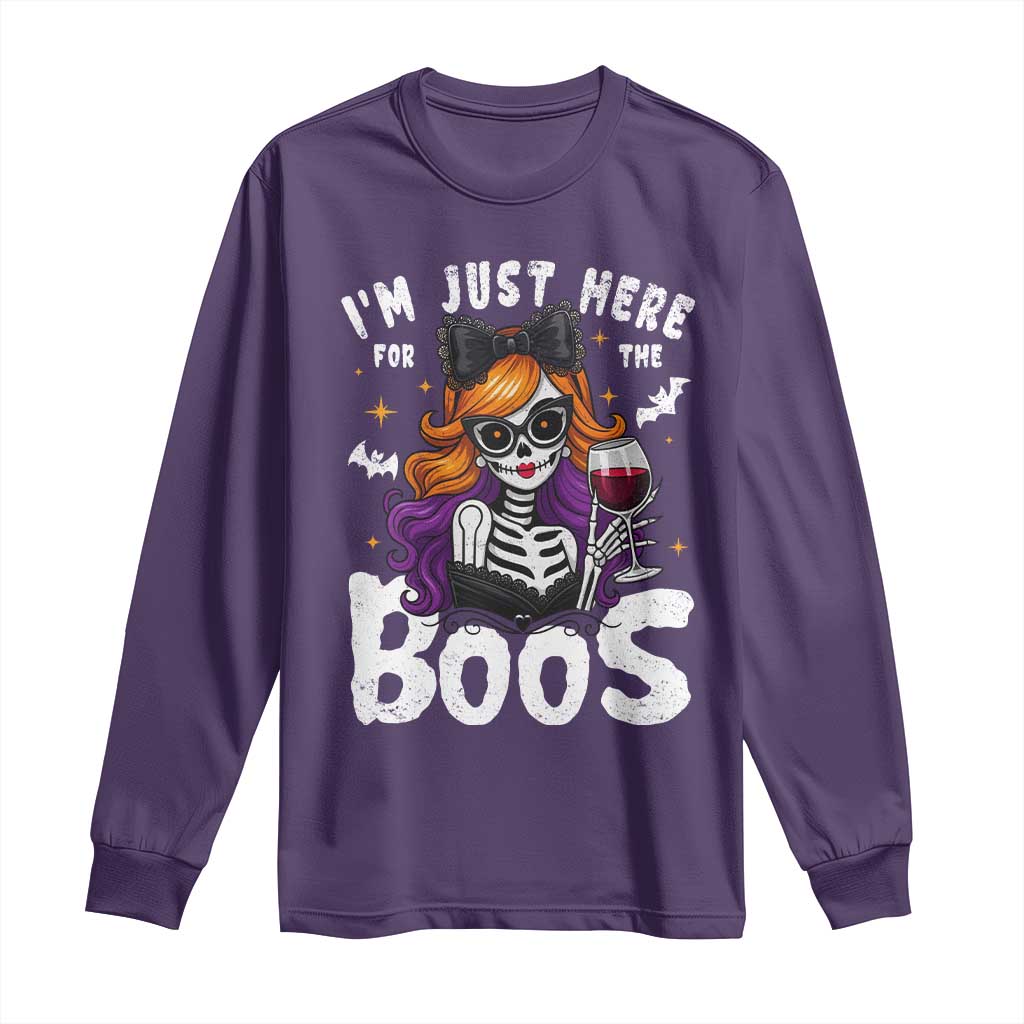 Funny Skull Halloween Long Sleeve Shirt I Am Just Here For The Boos Skeleton Party Girl - Wonder Print Shop